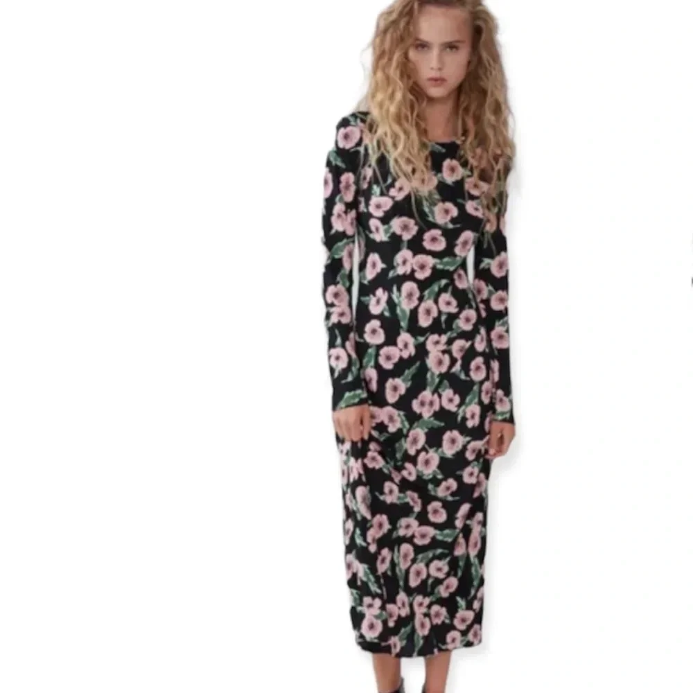 Zara Floral Long Sleeves Bias Cut Dress size S - Picture 1 of 9